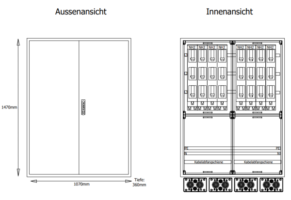 Komplettschrank Innenbereich 630A, BT=360mm, 8x NH-Lastschaltleiste